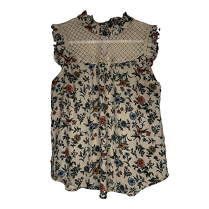 Cottagecore Floral Sleeveless Top Cream Lace Coquette  medium M cream blue pink